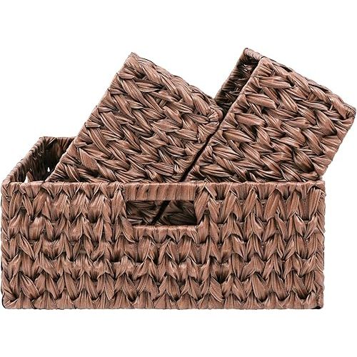 Wicker Storage Basket 17inch, Waterproof Plastic Baskets for Organizing, Wicker Basket with Built-in Handles, Portable Wicker Large Basket, Pantry Storage Baskets for Shelves, Brown, Set of 3