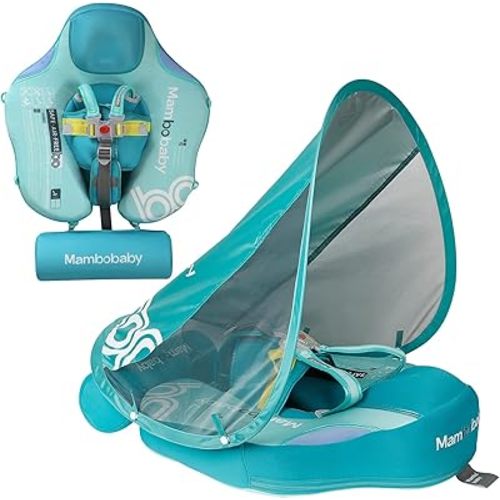 Add Tail Mambobaby Float with Canopy, Baby Floats for Pool Non-Inflatable Waist Float Swim Training Toy with UPF 50+ UV Sun Canopy (Contrast-Green)