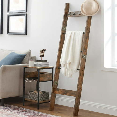 Hzuaneri Blanket Ladder Shelf, Wood Quilt Rack with 4 Removable Hooks, Rustic Brown 02101BBR