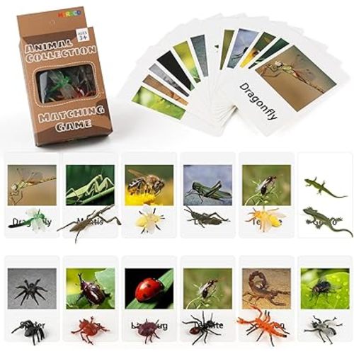 MEROCO Montessori Animal Match - Insect Animal Figurines with Matching Cards Language Montessori Materials Preschool Learning Toy NEWT008