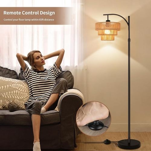 Arc Floor Lamp for Living Room with 3 Color Temperatures, Farmhouse Floor Lamps with Remote & Dimmable Bulb, Boho Standing Lamp with Rattan & 3-Tier Shades, Adjustable Tall Lamp for Bedroom,Corner
