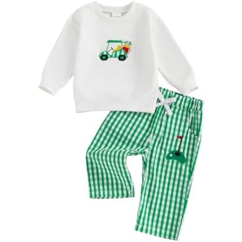 Toddler Baby Boy Golf Outfit Golf Cart Embroidery Long Sleeve Sweatshirt Plaid Jogger Pants Set 2Pcs Fall Clothes