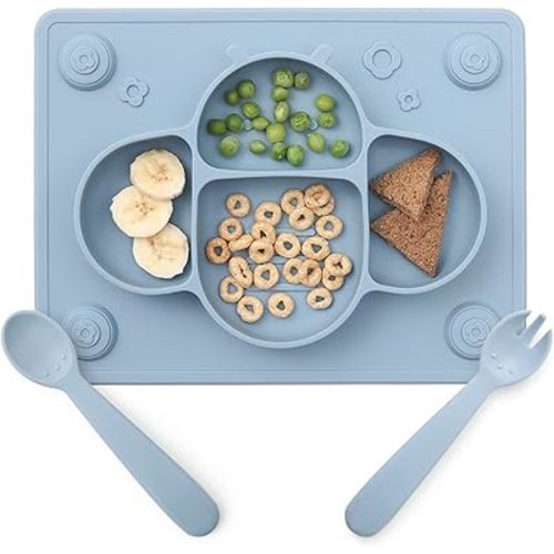 ROCCED Suction Plates for Baby placemat Spoon Fork Set for Toddlers, Silicone Baby Plates with Suction Baby Dishes for Kids Plates-Dusty blue