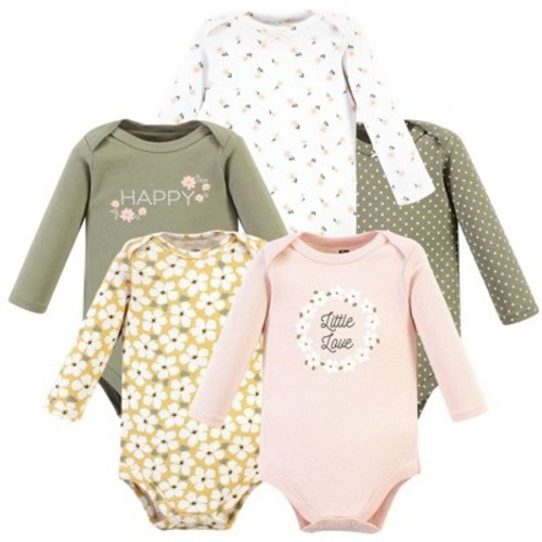 Hudson Baby Infant Girl Cotton Long-Sleeve Bodysuits, Sage Floral Wreath 5 Pack, 3-6 Months