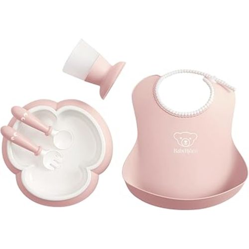 BabyBjörn Baby Dinner Set, 5 pcs, Powder pink Includes Baby Plate, Baby Fork, Baby Spoon, and Baby Cup Dishwasher Safe Toddler feeding set for self-feeding or baby-led weaning