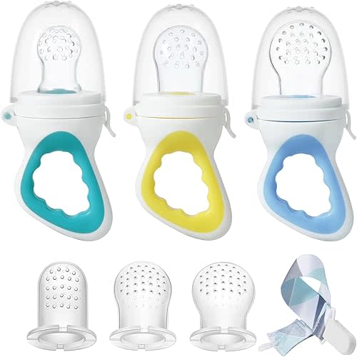 PandaEar 3 Pack Baby Feeder Fresh Fruit Food Feeder with 3 Different Size Silicone Pouch and 1 Pacifier Clips, Training Massaging Toy Teether