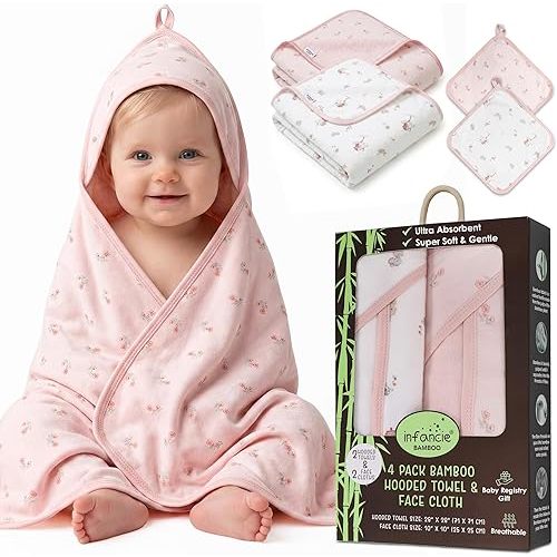 Organic Bamboo Hooded Baby Towels with Washcloths – 2 Hooded Towel (28x28 inches) & 2 Washcloth (10x10 inches) – Ultra Soft, Absorbent & Cozy Cotton Bath Towels for Newborns and Infants