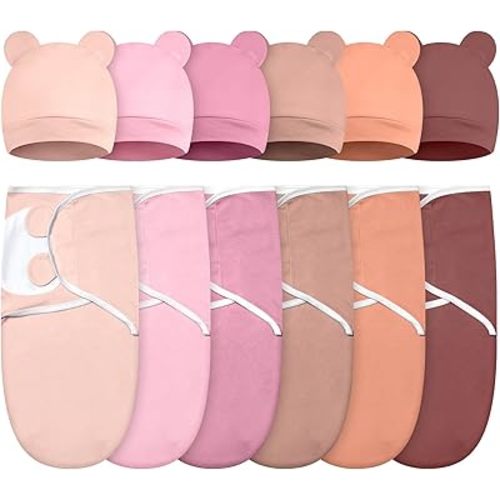 ramede 6 Pack Baby Swaddle Blanket with Hats Sleep Swaddle for 0-3 Months 6-13 Lbs Preemie Newborn Sacks Soft Cotton Wearable for Baby Boy and Girl Sleeping(Solid Pink,Simple)
