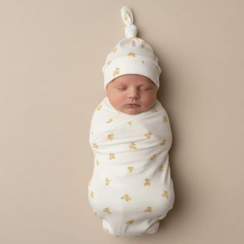 Makemake Organics Organic Swaddle Blanket & Hat Set - Lemons - 40"X40"
