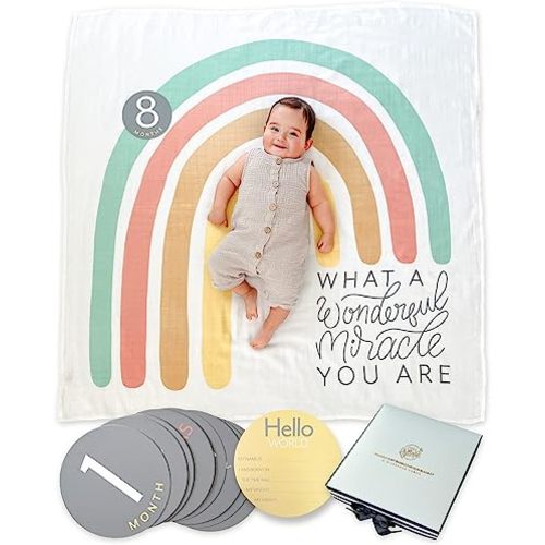 Rainbow Baby Blanket Rainbow Baby Gifts, Baby Milestone Blanket with 13 Double-Sided Monthly Milestone Cards & Baby Announcement Sign. Muslin Swaddle Blanket Neutral Boy or Girl 47in x 47in