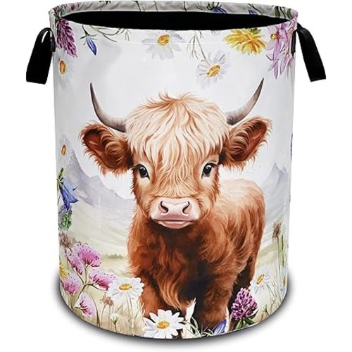 Highland Cow Laundry Basket Oxford Cloth Animal Flowers Laundry Hamper With Handle Foldable Portable Clothes Storage Basket 18.9 X 16.5 Inch Storage Bag For Laundry Room/Bathroom/Bedroom/Dormitories