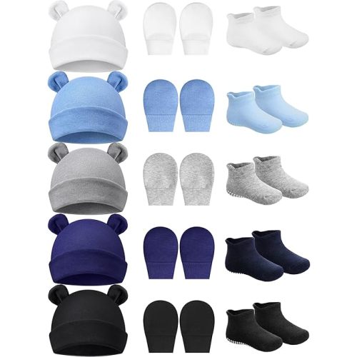 Geyoga Newborn Baby Hat Bear Ears Mittens and Socks Set for 0-6 Month
