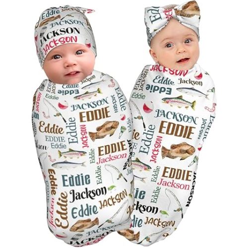 Personalized Baby Swaddle Blanket with Name, Custom Fishing Receiving Blankets with Headband or Hat Set for Newborn Infant