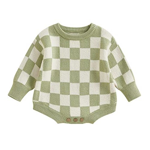 Unisex Baby Girl Boy Knitted Romper Jumpsuit Checkerboard Plaid One Piece Button Down Sweater Playsuit Clothes