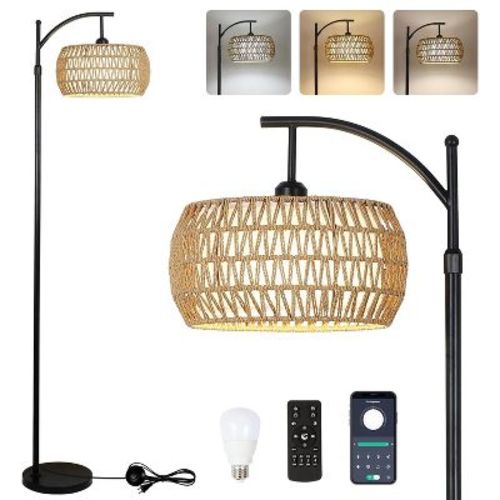 KTMBDW Dimmable Floor Lamp, LED Edison Bulb Included, Arc Floor Lamps for Living Room Modern Standing Lamp with Linen Shade for Bedroom Office, Black