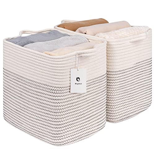 Medium and Large Woven Basket//With Handle, Used for Toys and Fabric Storage Basket used for Storing xl Storage Box, Decorative Storage Box Room 2pack (14L*12H L White/Black Line, 14L*10W*12H)