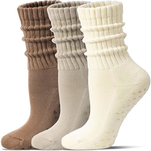 Pilates Socks for Women Mid Calf Slouch Yoga Socks with Non Slip Grippers for Barre Boot Sock 3 Pairs
