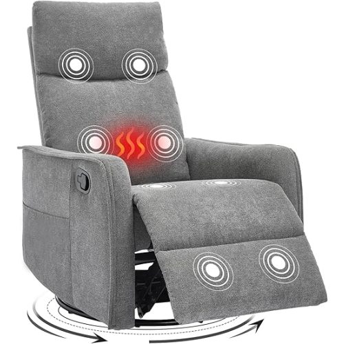 Swivel Rocker Recliner Chair, 360° Swivel Recliner with Heat and Massage, Rocker Recliner Upholstered Fabric Nursery Glider Recliner Chair with Side Pockets for Living Room, Grey
