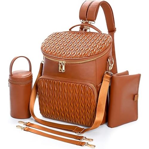Minsong Diaper Bag Backpack, Fashion Leather Mommy Backpacks, Travel Baby Diaper Bags with in Bag Organizer and Changing Pad (Brown-stripes)