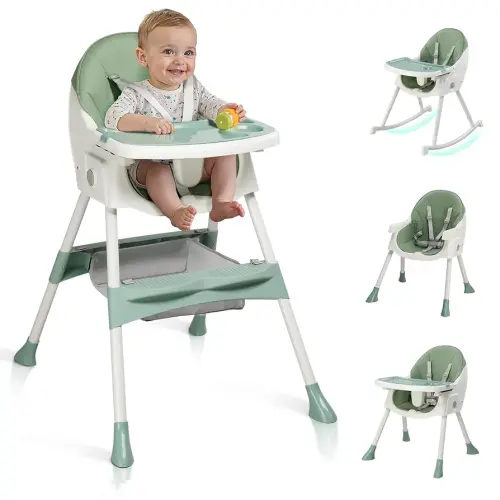 Ktaxon Baby High Chair, 6-in-1 Portable Feeding Rocking Seat with Adjustable Backrest, Removable Tray and 5-Point Safety Harness, Travel Folding Highchair for Toddlers & Babies, Green