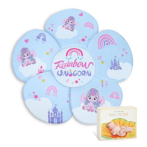 Flower Baby Bath Pad - Ultra Soft Infant Bathtub Mat with Non-Slip Petal Design, Newborn Bathing Lounger Insert for Sink or Tub, Unicorn Theme (Unicorn)