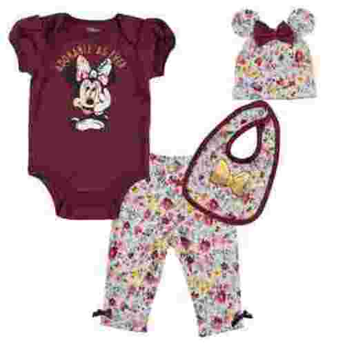 Disney Minnie Mouse Newborn Baby Girls Bodysuit Pants Bib and Hat 4 Piece Outfit Set Newborn to Infant