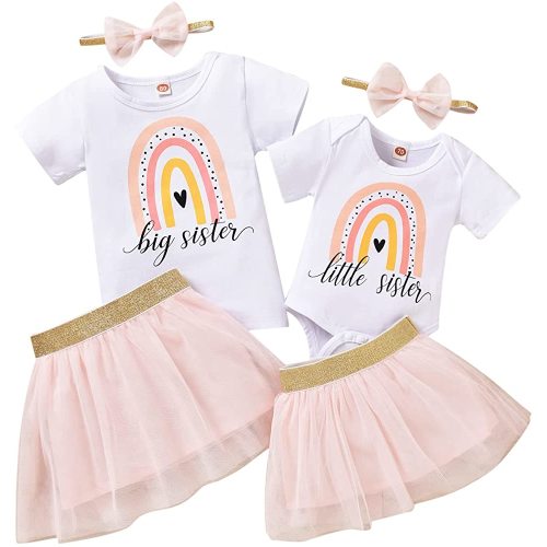 Big Sister Little Sister Matching Outfits Baby Girl Romper/Toddler Girl T-shirt Tops with Tutu Skirt Clothes Set