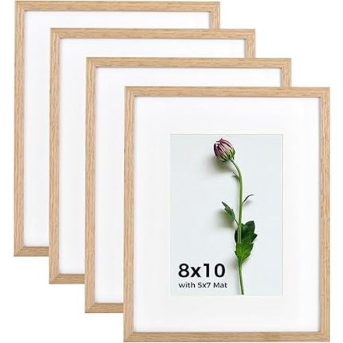8x10 Picture Frame Set of 4, Solid Oak Wood 8 by 10 Photo Frames with Plexiglass Display Picture 5x7 with mat or 8x10 without mat Tabletop and Wall Hanging Collage Wall Decor