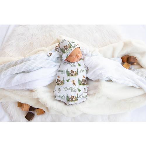 Woodland Swaddle Set, Woodland Baby Blanket, Personalized Swaddle Blanket, Woodland Animal Baby Blanket, Custom Name Blanket, Woodland W27
