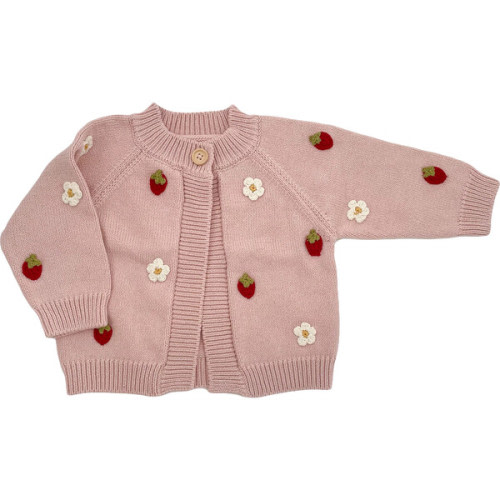 0-6 Months | Cotton Strawberry Flower Cardigan, Blush - The Blueberry Hill Sweaters | Maisonette