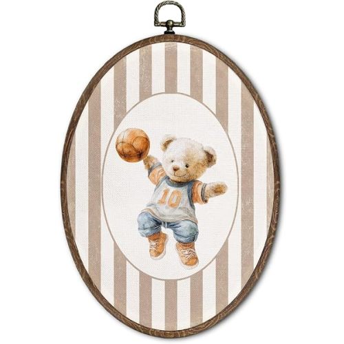 FLAWAFLOMA Vintage Bear Nursery Oval Wall Art Decor, Kids Room Canvas Wall Art Framed, Bear Basketbal Hanging Decorations for Kids Toddler Boy Girl Nursery Room Playroom Decor, 8.6x11.4 Inch