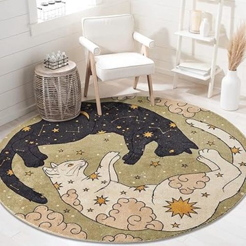 Estmy Washable Mystical Cat Rug, Ultra Thin Vintage Retro Abstract Celestial Zodiac 4ft Around Area Rugs for Bedroom Living Room Dorm Entryway Kitchen, Bohemian Cute Whimsical Circle Carpet
