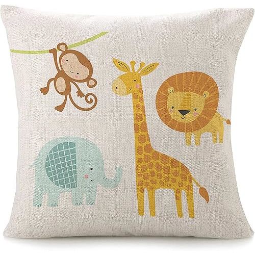 Throw Pillow Covers For Couch Cute Jungle Animal Bed Or Sofa Pillows Case Funny Elephant Lion Giraffe Monkey Kids Baby Jungle Children Tree Colorful Funny Decorative Square Linen Cushion Cover 18"X18"