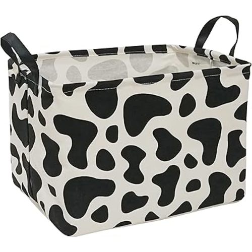 Rectangular Storage Bin Shelf Basket Canvas Fabric Toy Box,Waterproof Coating Nursery Hamper with Handles,Gift Basket for Home,Office,ClothesBooks(REC Cow)