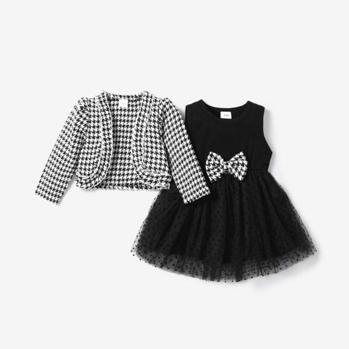 PatPat 2pcs Baby Long-sleeve Plaid Cardigan and Tutu Mesh Dress Set