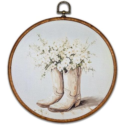 BCUANGD Vintage Western Round Wall Art Decor - Retro Preppy Floral Wall Art Canvas Frame Artwork Prints, Cowgirl Boots Round Wall Hanging Decorations for College Teen Girls Dorm Home, 10"x10"