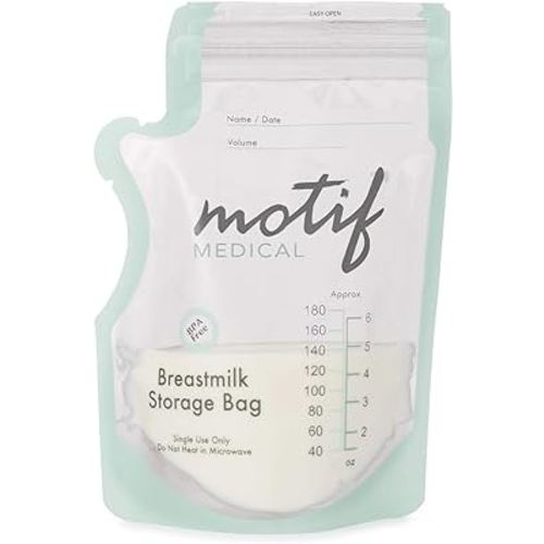 Motif Medical, Milk Storage Bags, 6 oz Milk Freezer Bag with Easy Pour Spout, BPA Free, Write-On Label - 100 Count