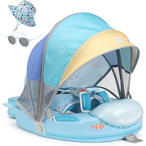 2024 Mambobaby Float with Canopy, Non Inflatable Solid Baby Swim Float, Upgrade Soft Skin-Friendly Fabric Material Infant Pool Float Smart Swim Trainer for Infant Toddler 3-24 Month
