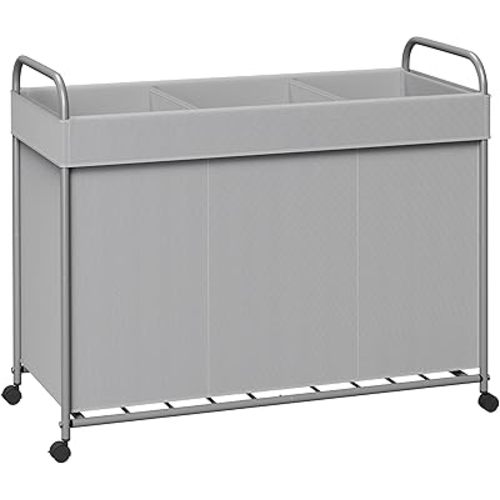 Laundry Basket with Wheels, 3-Section Rolling Laundry Hamper, Laundry Sorter with Removable Liner, Steel Frame with Handle, 29.1 x 13 x 25.2 Inches, Grey, LHC150G01