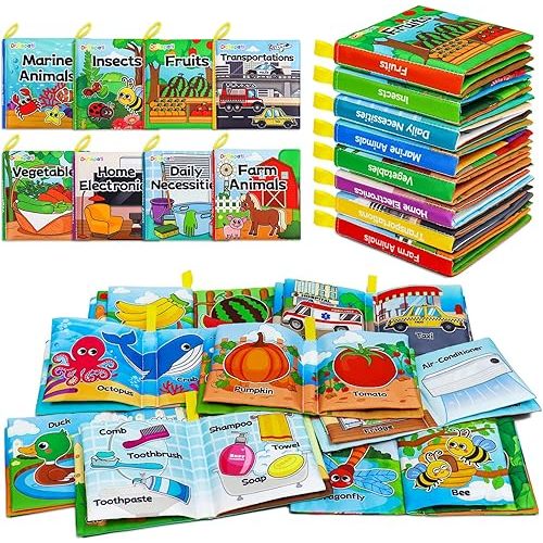 Dr.Rapeti Soft Cloth Books Baby Books Bath Books 8-Pack for Baby Infant Toddler Kid Crinkle Washable Chewable Early Educational Preschool Learning Giftable