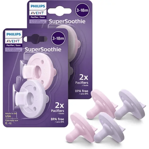 Philips Avent Soothie Orthodontic Baby Pacifiers, 100% Silicone Pacifiers, One Piece, BPA-Free, for Babies 3-18 Months, 2 Lilac and 2 Pink, 4 Pack, Model SCF192/70