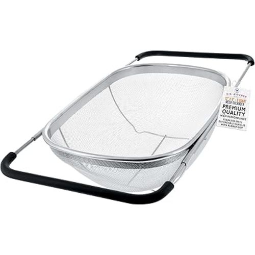 U.S. Kitchen Supply Stainless Steel Colander Strainer - 6-Quart Collapsible Colander with Expandable Rubber Handles - Rectangular Sieve, Fine Mesh Stainless Steel Strainers and Colanders for Kitchen