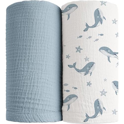 Konssy 2 Pack Muslin Swaddle Blankets, 100% Cotton Receiving Blanket Large 47 x 47 inches for Baby Boys Girls, Soft Breathable Muslin Baby Blanket for Newborn (Blue Whale,Blue)