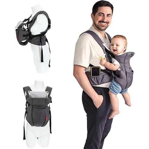 Nuby Deluxe Baby Carrier: Newborn to Toddler with Lumbar Support for 7.7-32.8 lb. (3.5-14.9 kg) | Lightweight Breathable Mesh Fabric | Bonus Teether | Removeable Baby Drool Bib | Color: Grey
