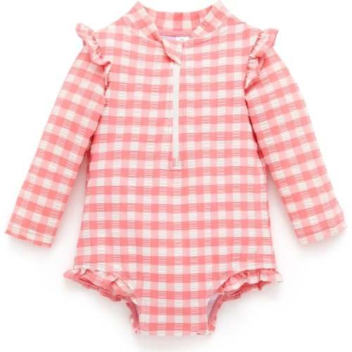 Frilly Long Sleeve Swimsuit Pomegranate Gingham - Purebaby | Maisonette