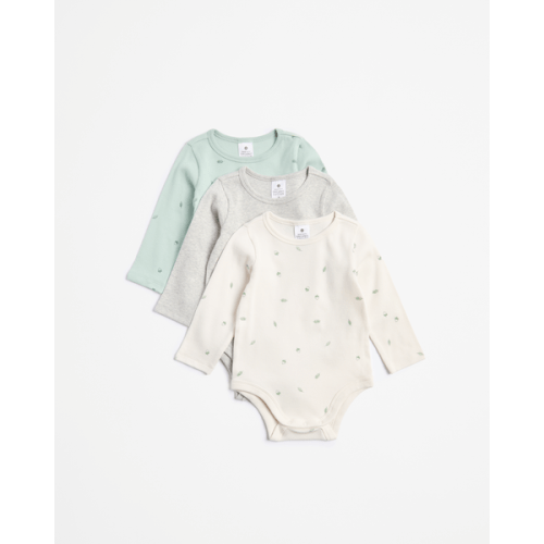 Baby Organic Cotton Print Rib Bodysuit 3 Pack - Green Multi Acorns