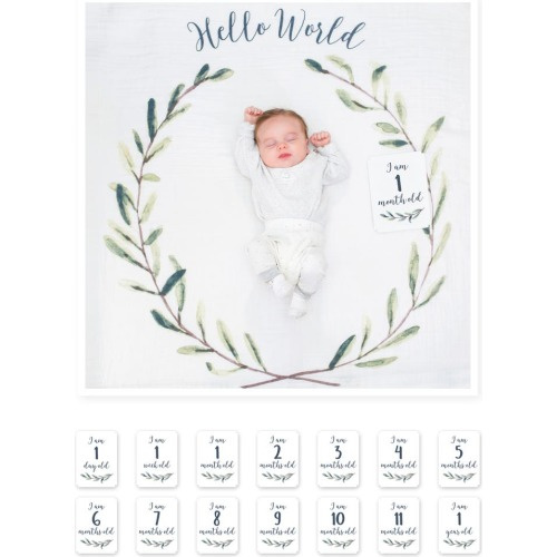 Baby Baby's First Year Hello World Muslin Blanket & Milestone Card Set, Green