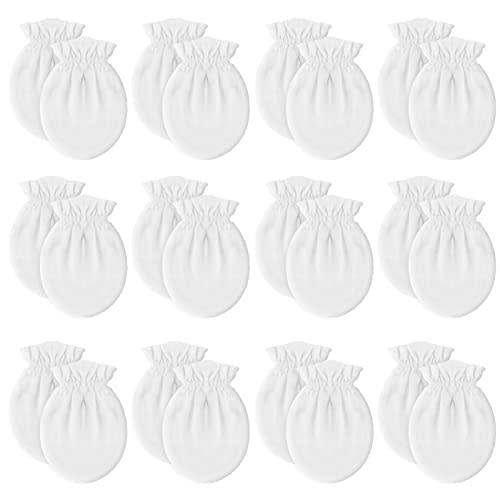 12 Pairs Newborn Baby Mittens,Unisex-Baby No Scratch Mittens,100% Cotton White Mittens for Baby 0-6 Months