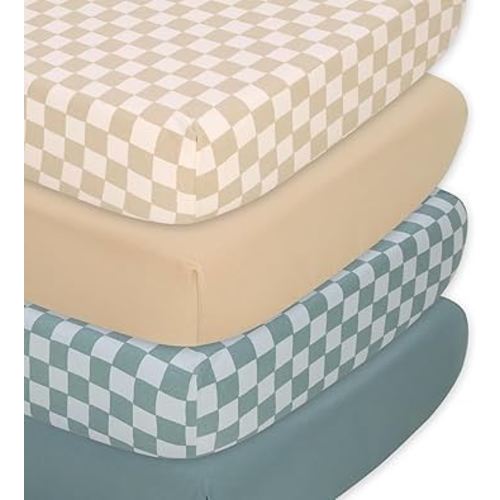 The Peanutshell 4-Pack Organic Fitted Crib Sheet Set - Soft & Breathable Baby Girl or Boy Crib Sheets, 100% Jersey Cotton Nursery Decor, Fit for Standard Mattress Cover- Check