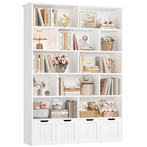 FINETONES 69"H Toy Storage Organizer, 6 Tier Tall Kids Bookshelf with 4 Movable Drawers and 12 Storage Cubbies, 49.4"W Toy Organizers and Storage Kids Storage Organizer Playroom Storage for Kids Room